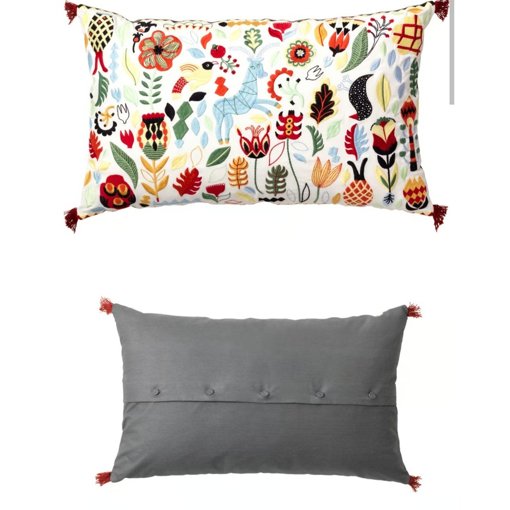 IKEA SARALENA Embroidered Cushion Cover Lumbar Pillow Case White Gray 16x26